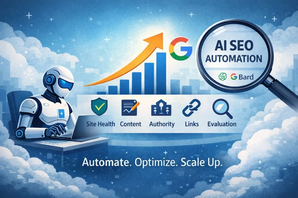 Infographic illustrating AI SEO automation for SMBs: robot at a laptop, growth chart with Google and generative AI logos, magnifier on AI SEO automation, and pillars for Site Health, Content, Authority, Links, and Evaluation to scale Google rankings without a full-time team.